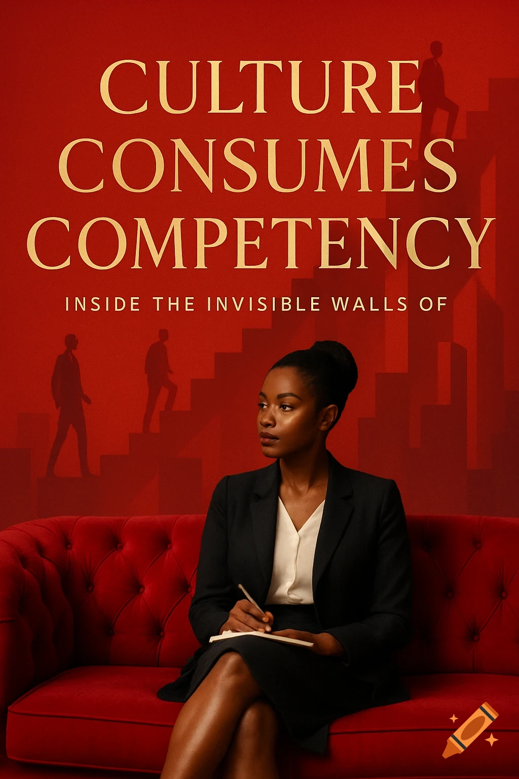 Book cover with a Black businesswoman on a red couch, golden text 'CULTURE CONSUMES COMPETENCY', and silhouettes of people climbing stairs.