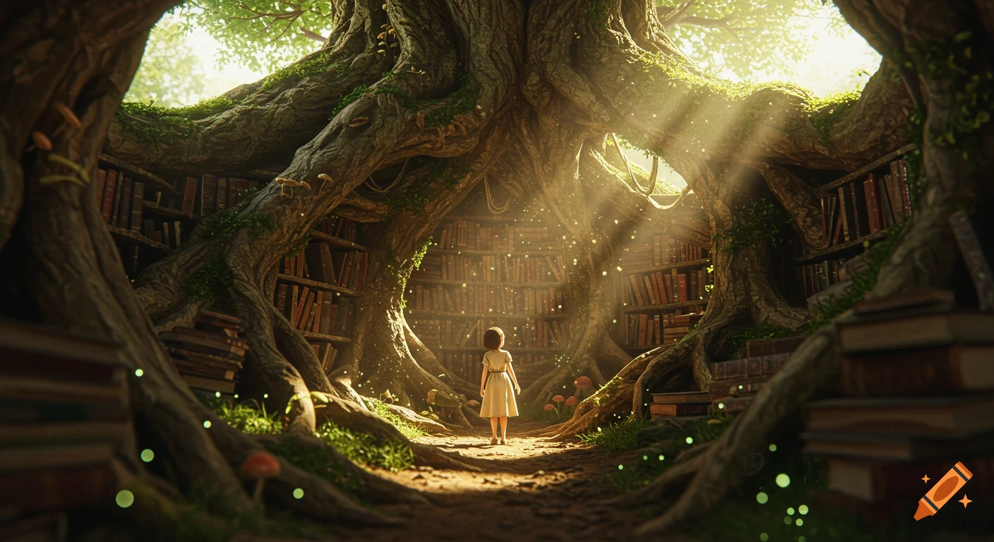 A young girl stands in a mystical library carved from ancient tree roots, shelves lined with old books, bathed in sunbeams.