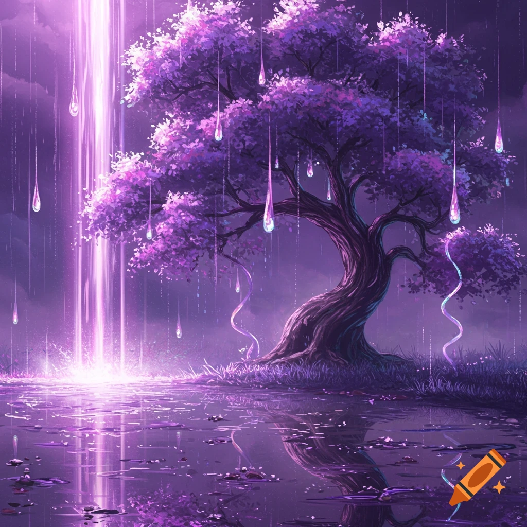 A fantasy landscape with a large purple tree, glowing light, and luminous raindrops reflecting on a still pond.