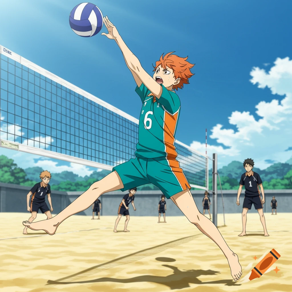 A jumping anime boy in a teal and orange jersey hits a volleyball on a sunny beach court, with other players in the background.