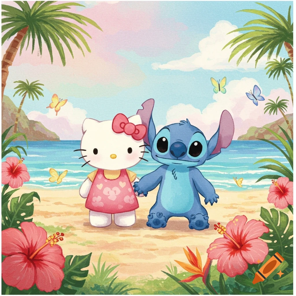 Hello Kitty and Stitch holding hands on a tropical beach with palm trees, hibiscus flowers, and butterflies, in a cheerful cartoon style.