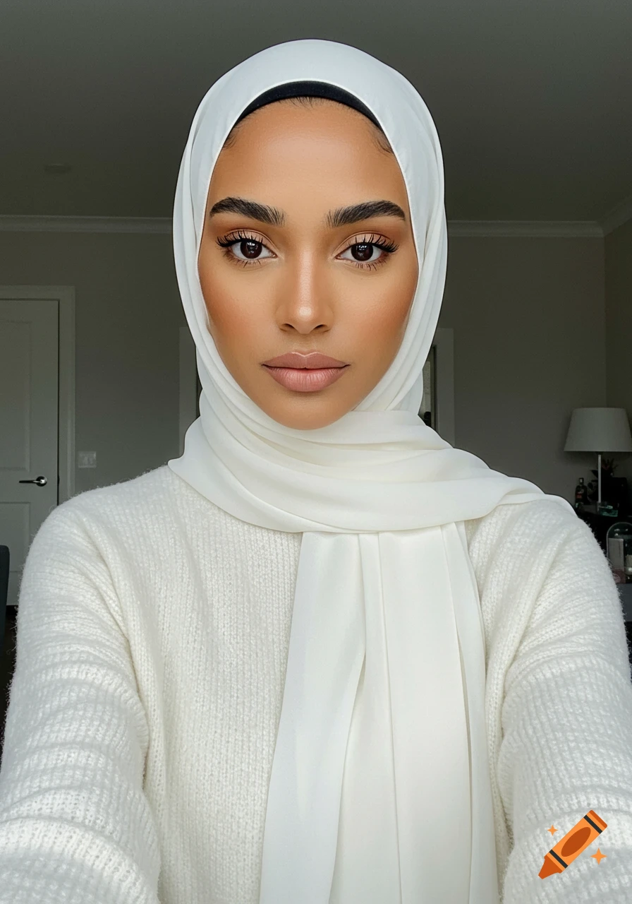 Photorealistic portrait of a woman wearing a white hijab and a white sweater.