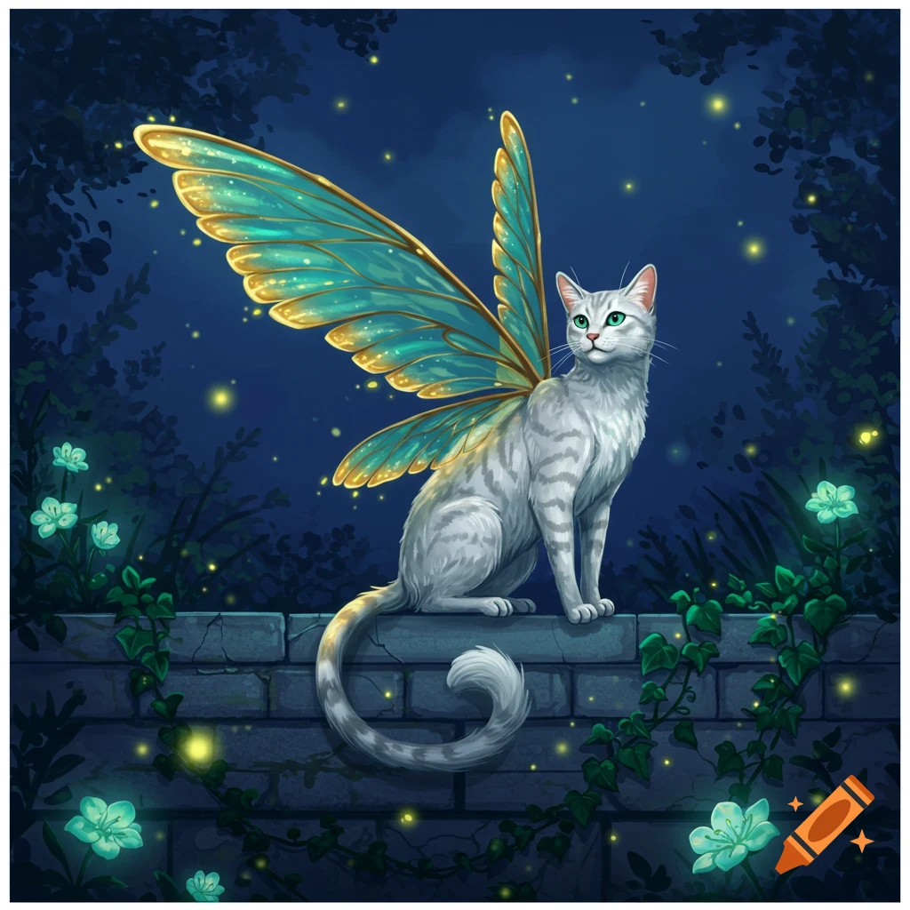 A magical silver tabby cat with glowing teal and gold fairy wings sits on a stone wall at night, surrounded by glowing flowers and fireflies.