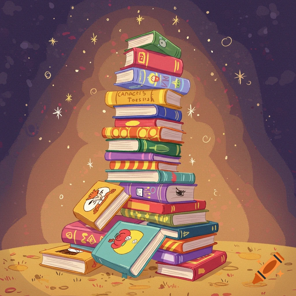 A tall, colorful pile of books in a children's cartoon style, set against a dark, star-filled, magical background.