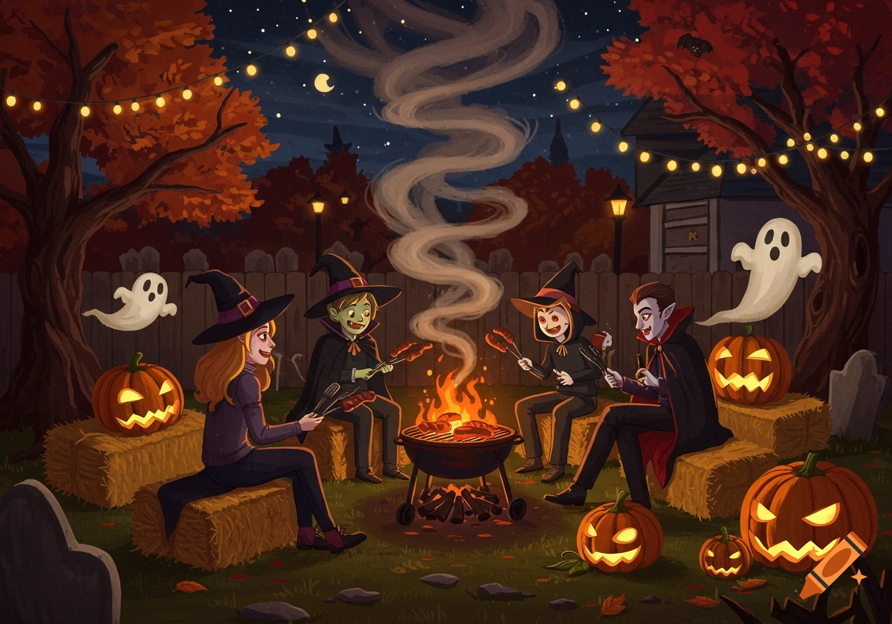Cartoon illustration of costumed characters grilling food around a fire pit at a Halloween party, with jack-o'-lanterns, ghosts, and string lights.