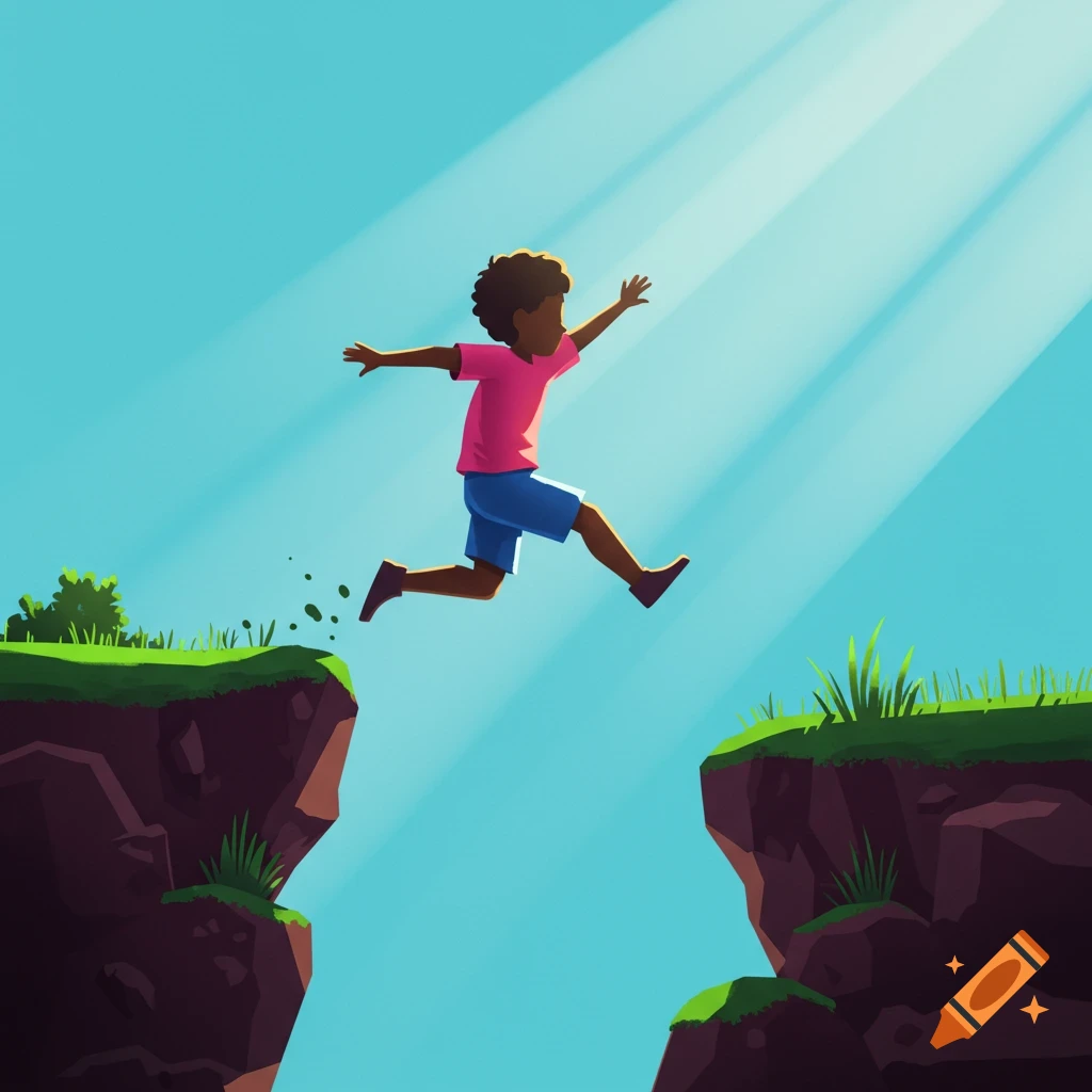 A stylized illustration of a kid jumping between two cliffs under a bright blue sky.