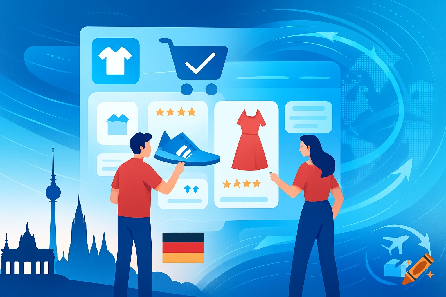 An illustration of a man and a woman shopping online for shoes and a dress, with a German flag, Berlin skyline, and global shipping symbols in the background. The scene is rendered in shades of blue and red.
