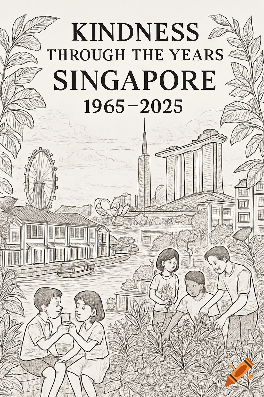 Monochromatic line drawing book cover: 'Kindness Through The Years Singapore 1965-2025' with children and city landmarks.