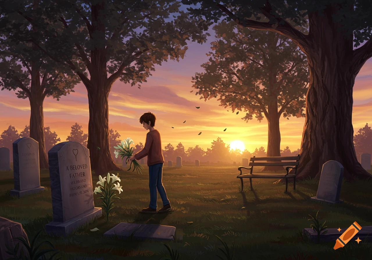 A boy stands in a cemetery at sunset, holding white flowers, next to a gravestone that reads "A BELOVED FATHER".