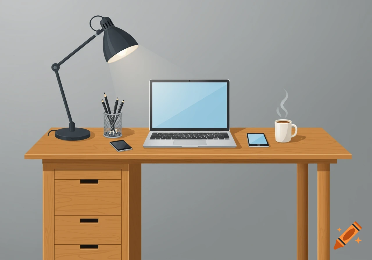 Flat illustration of a modern wooden desk with a laptop, lamp, pencil holder, two smartphones, and a steaming coffee mug.
