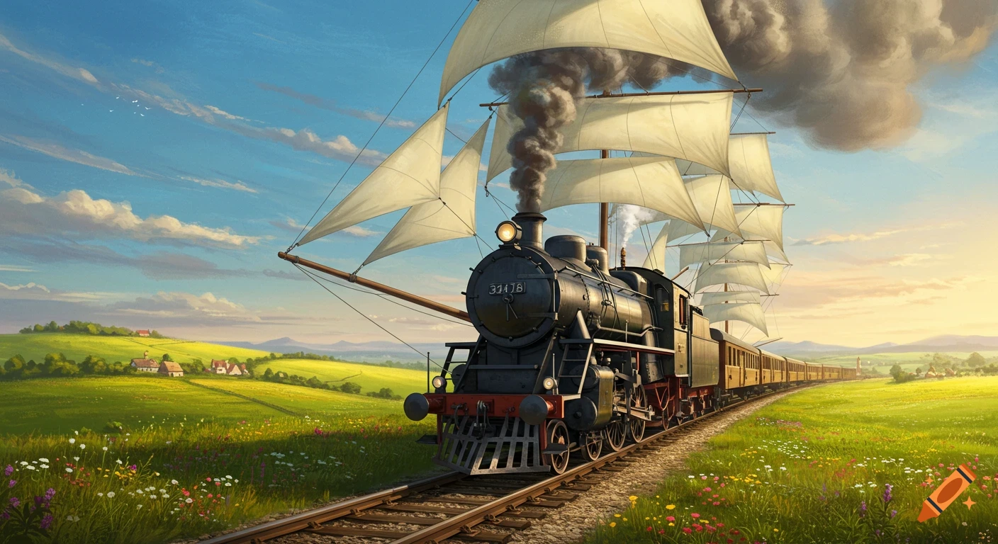 A whimsical steam train with multiple sails travels through a vibrant green, flowery European countryside under a blue sky.