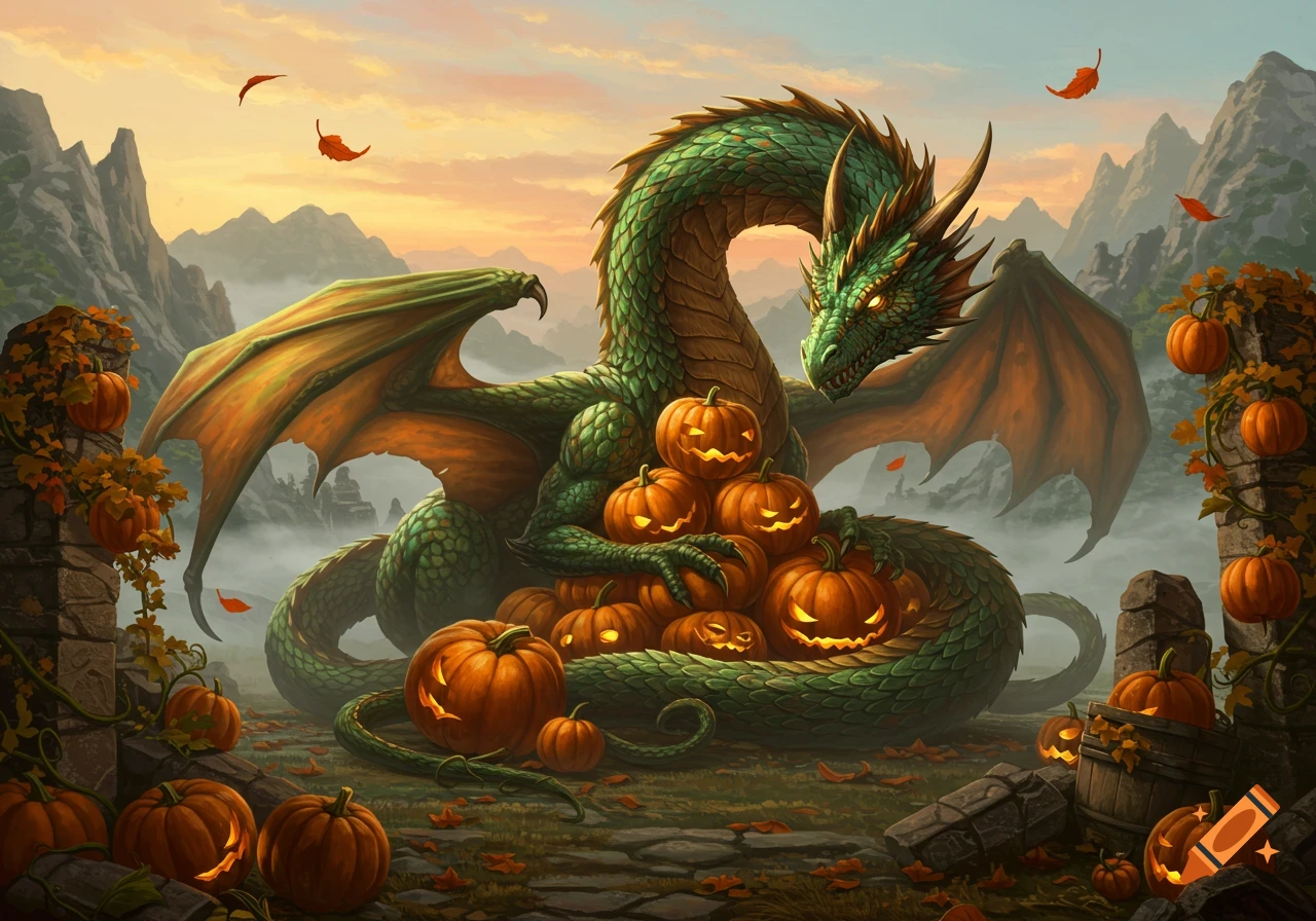 A majestic green dragon guards a large pile of glowing jack-o'-lanterns in a misty, rocky, autumnal fantasy landscape.