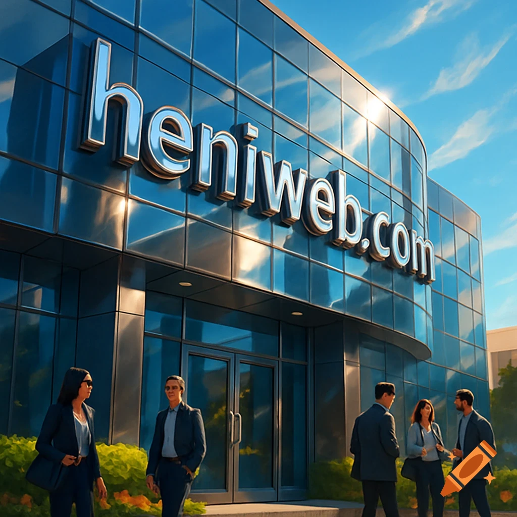 A modern glass building with 'heniweb.com' on the facade, with business people standing outside on a sunny day.