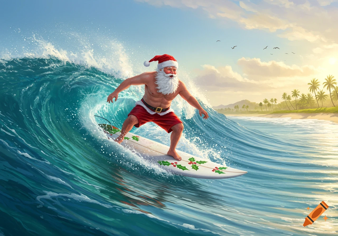 A shirtless Santa Claus wearing red shorts and a Santa hat surfs a large wave on a tropical beach at sunset.
