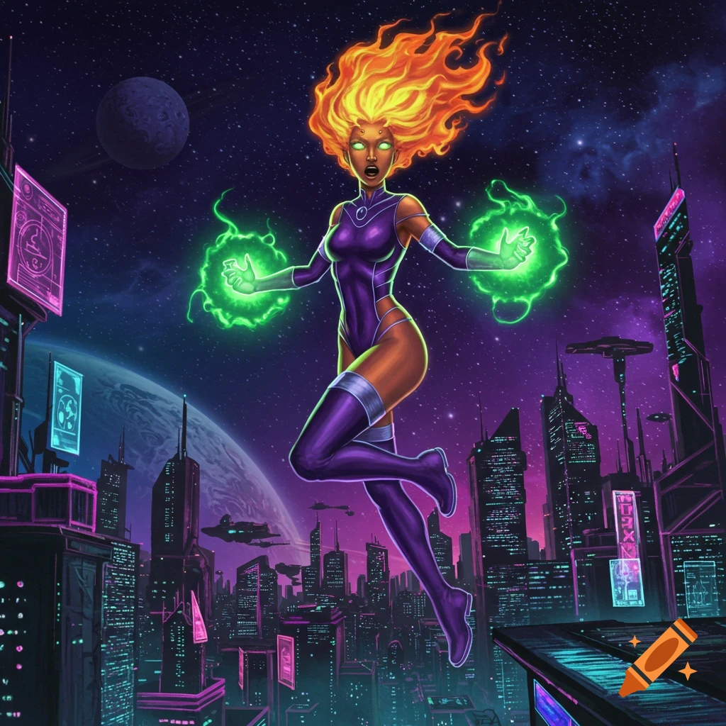 Starfire, a superhero with fiery hair and green energy, floats over a neon futuristic city under a starry space sky in comic art style.