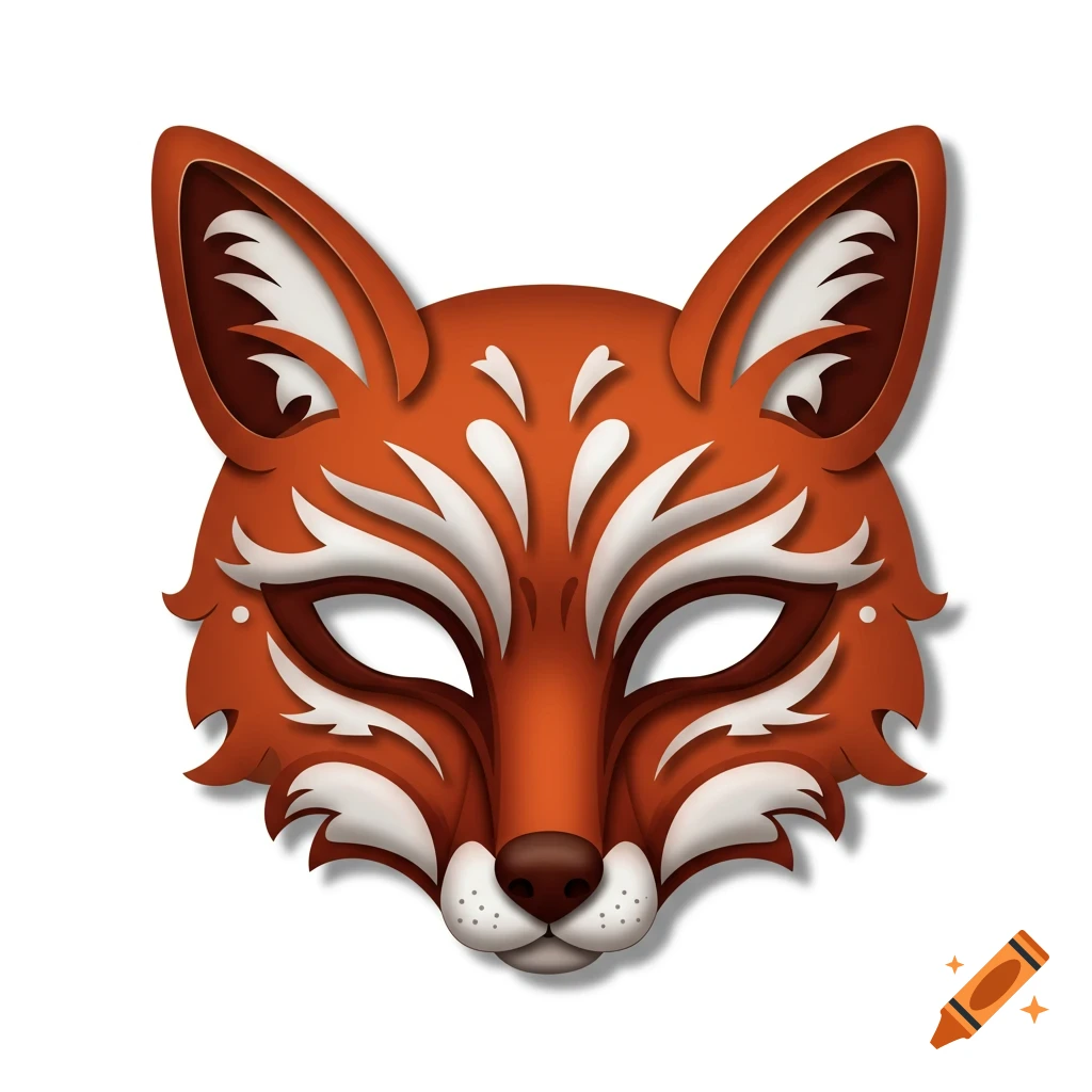 Stylized orange and white fox mask with layered paper-cut effect on a white background.