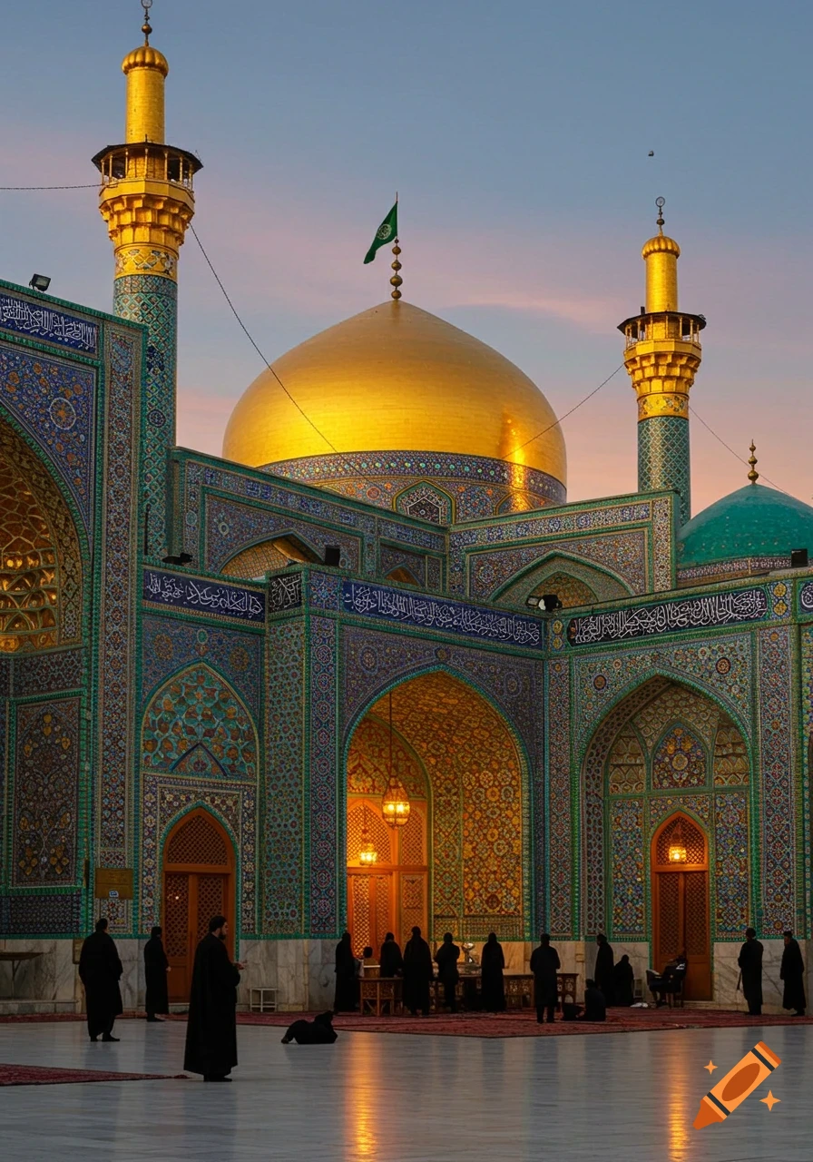 Golden-domed mosque with intricate blue and green tilework, minarets, and people in a sunlit courtyard at sunset.