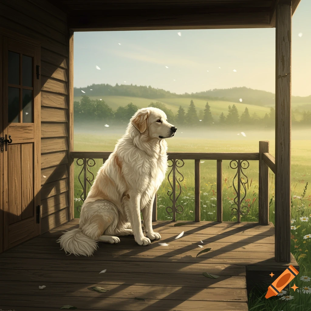 A cream-colored dog sits on a wooden porch, gazing at a misty green field with trees under a sunny sky.