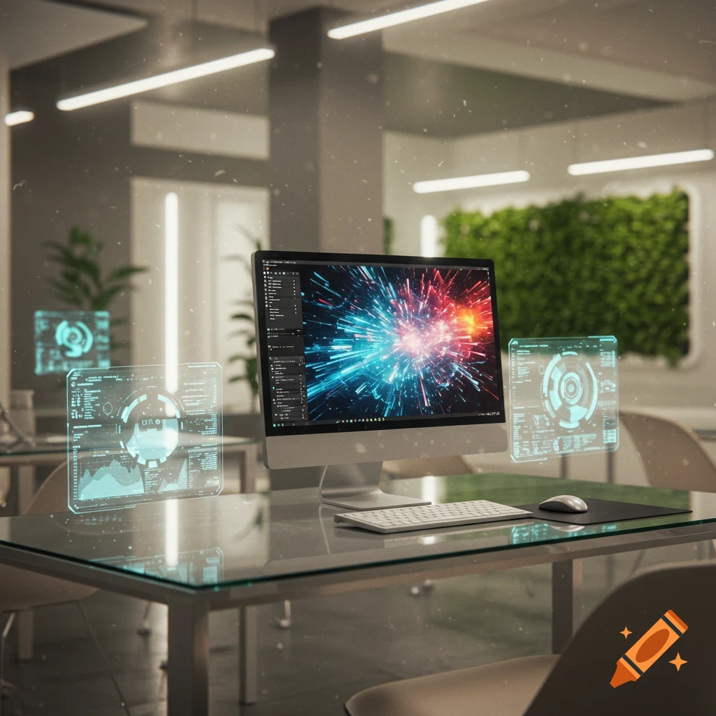 A modern computer setup on a glass desk in a bright office, displaying a vibrant abstract image and futuristic holographic interfaces.