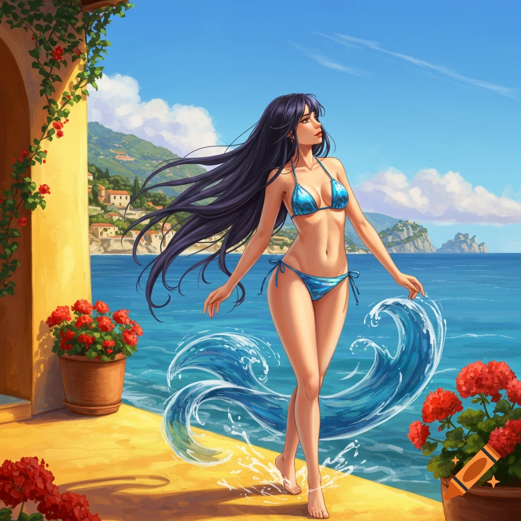 Anime-style illustration of a woman in a blue bikini on a sunny Mediterranean seaside path with splashing water and potted red flowers.