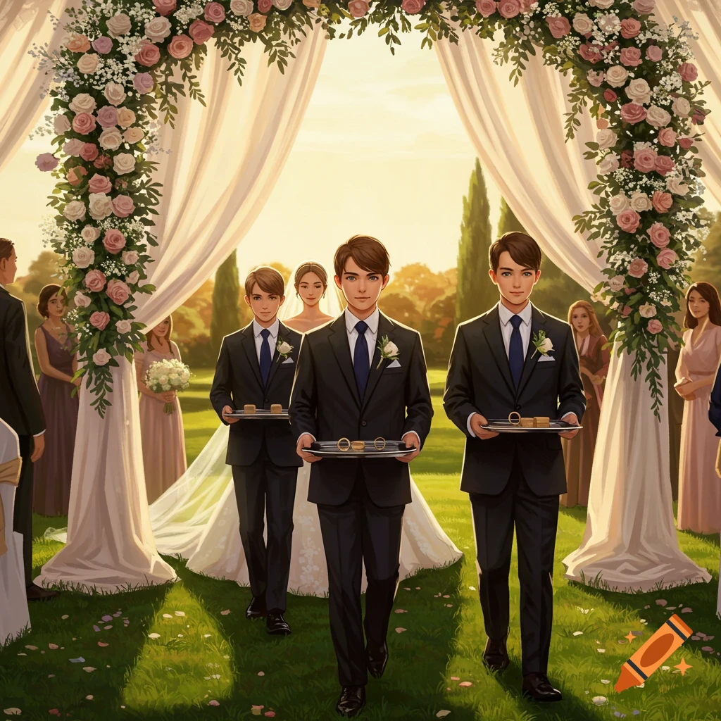 Three young men in suits carry trays with rings down a grassy aisle under a floral arch at an outdoor wedding ceremony.