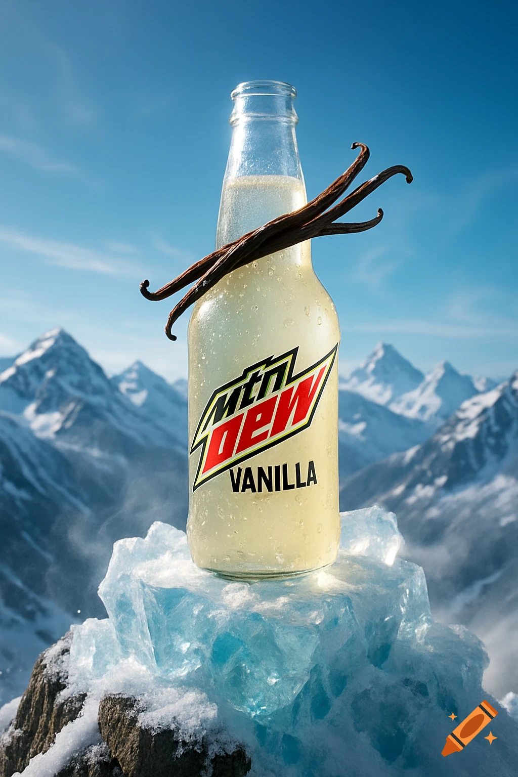 Photorealistic Mtn Dew Vanilla bottle with vanilla beans on ice and snow, set against a backdrop of snowy mountains and blue sky.