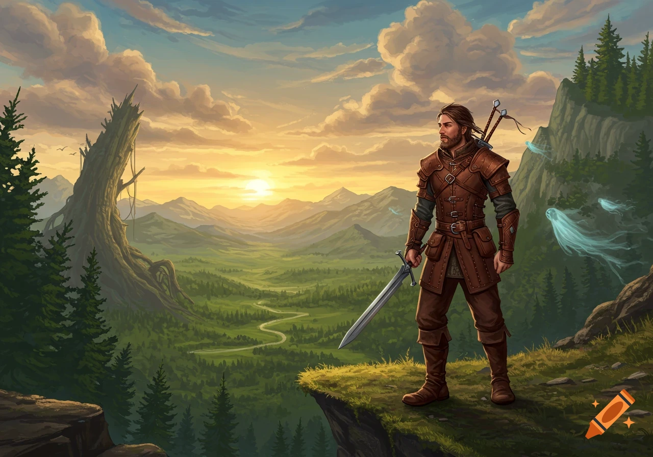 A fantasy digital painting of a warrior standing on a cliff overlooking a vast valley at sunset, with ethereal wisps floating nearby.