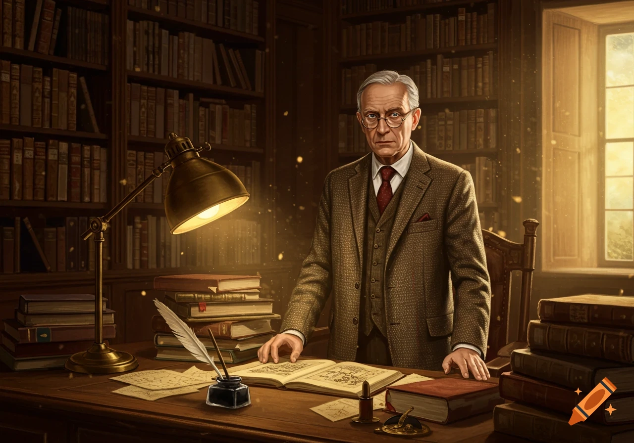 A distinguished older professor in a tweed suit stands at a desk in a vintage library, with books and a glowing lamp.