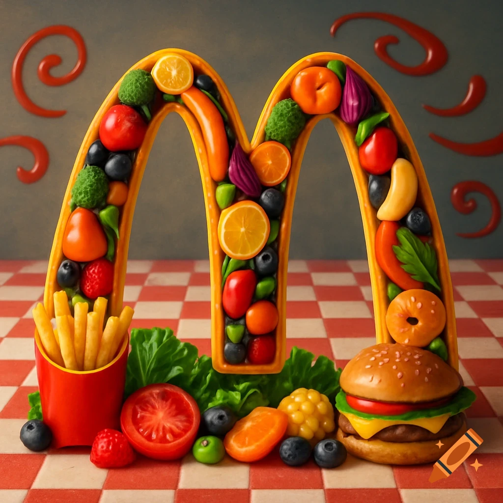 McDonald's 'M' logo made of colorful fruits and vegetables, with fries and a burger on a checkered tablecloth.