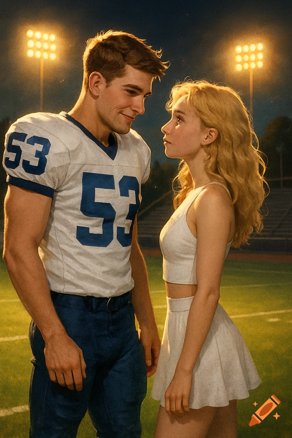 Semi-realistic illustration of a football player in jersey 53 and a woman in white gazing at each other on a stadium field at night.