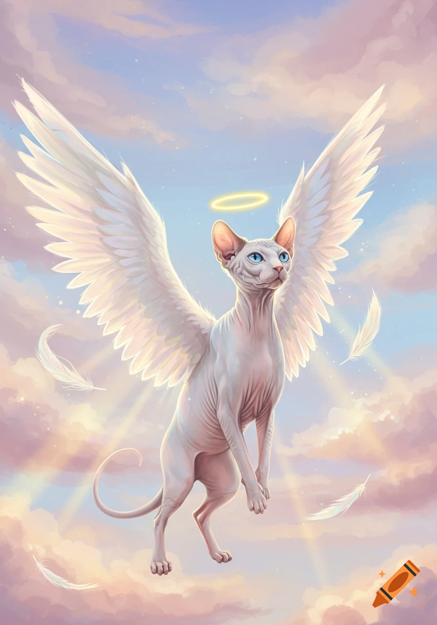 A hairless Sphynx cat with large white feathered wings and a golden halo flies in a pink and blue cloudy sky with light rays, in a digital art style.
