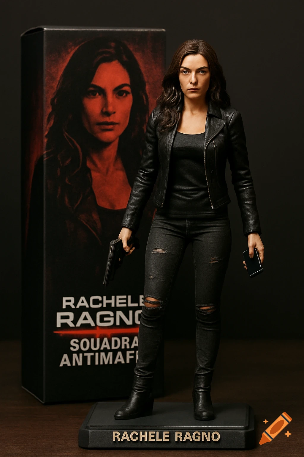 Photorealistic action figure of a woman with long wavy brown hair, black leather jacket, ripped jeans, holding a pistol and phone, on a labeled base with a noir box behind her.