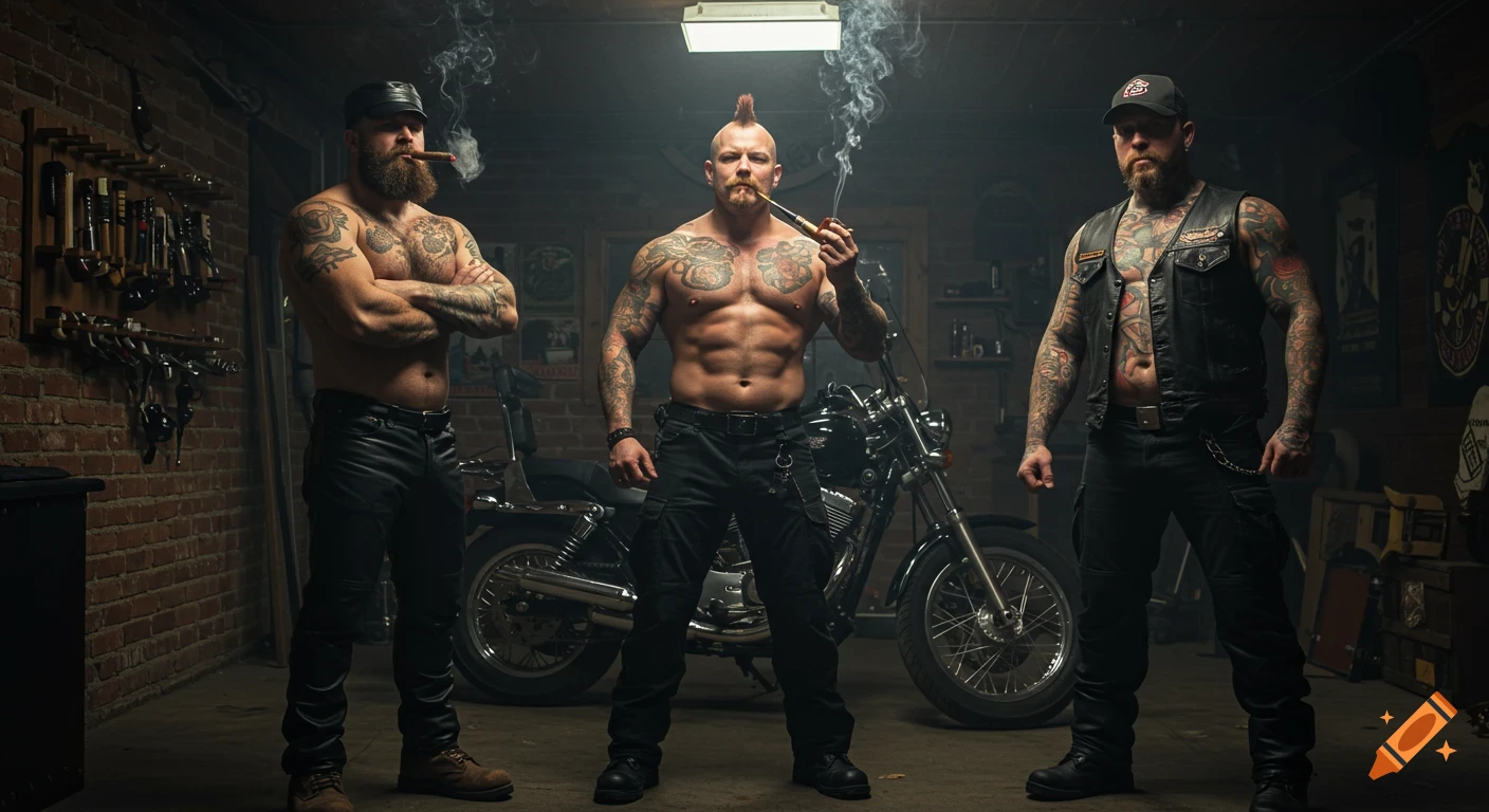 Three muscular, tattooed men with beards stand in a dimly lit garage with a motorcycle, smoking cigars and pipes.