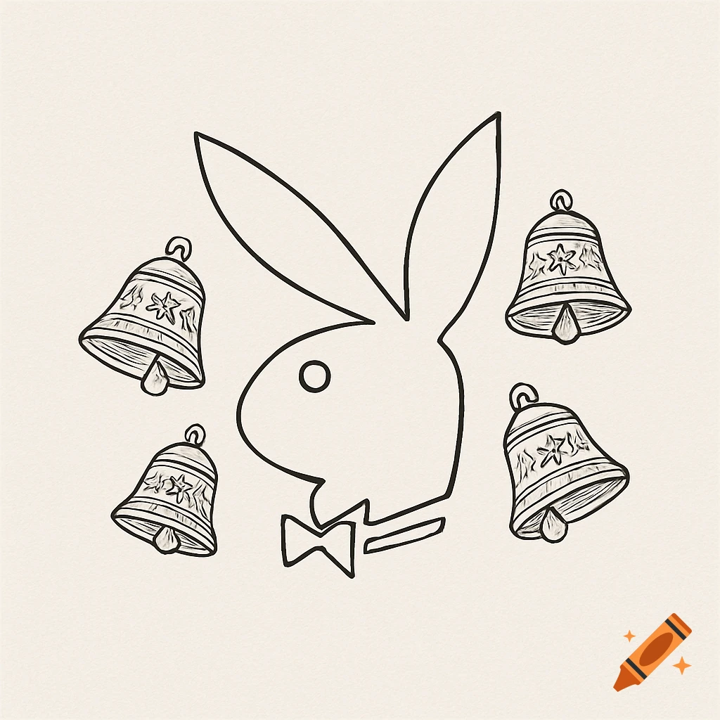 Fine line tattoo design featuring the outline of the Playboy bunny logo surrounded by four stylized bells.