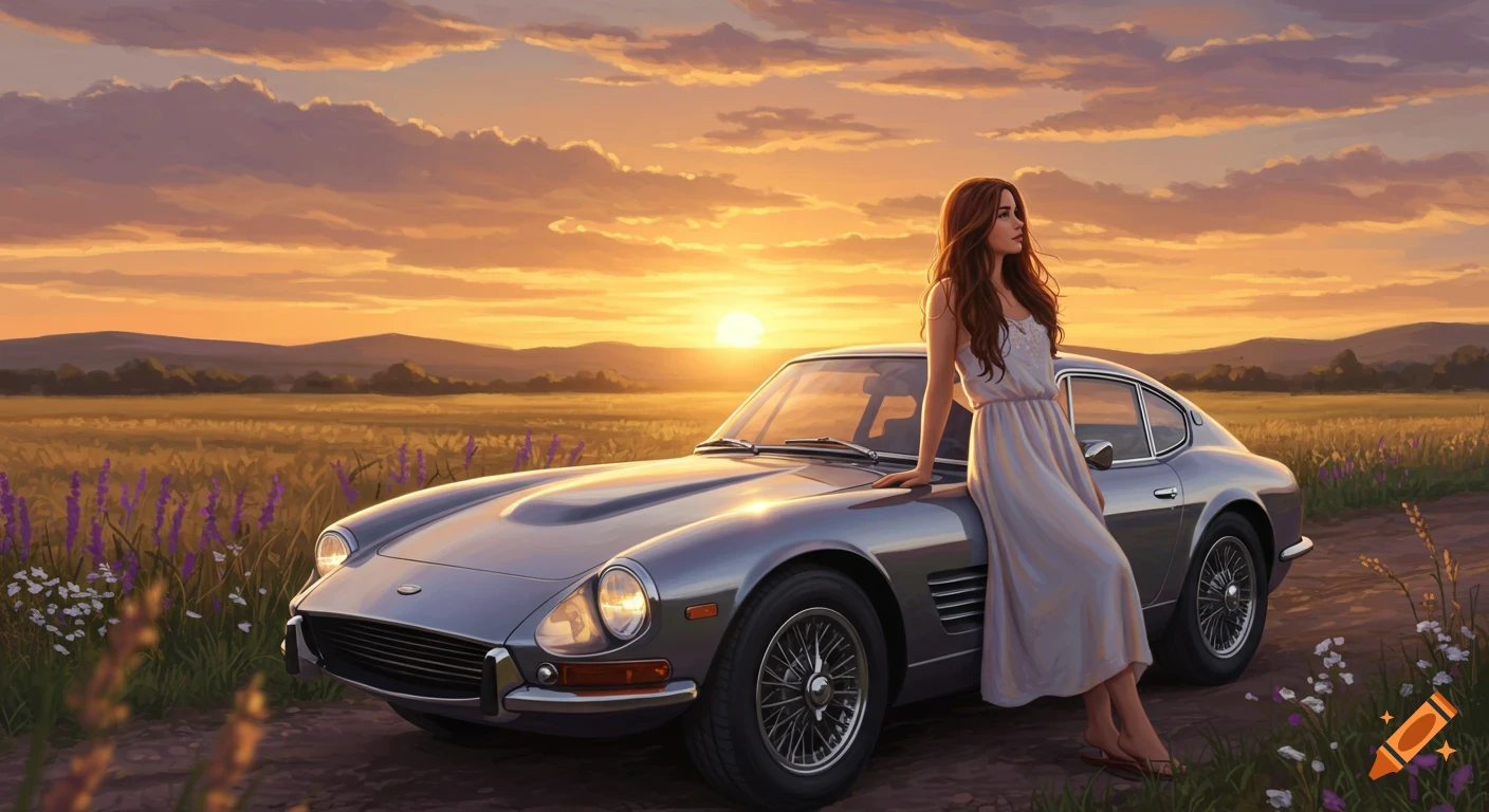 A woman in a white dress leans on a silver vintage car in a field of purple flowers, with a sunset sky and distant hills.