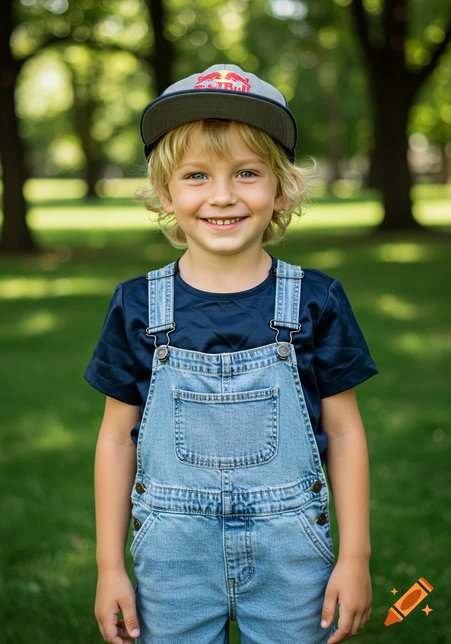 A smiling young boy with blonde hair and blue eyes wears a navy shirt, denim overalls, and a baseball cap in a sunny park.