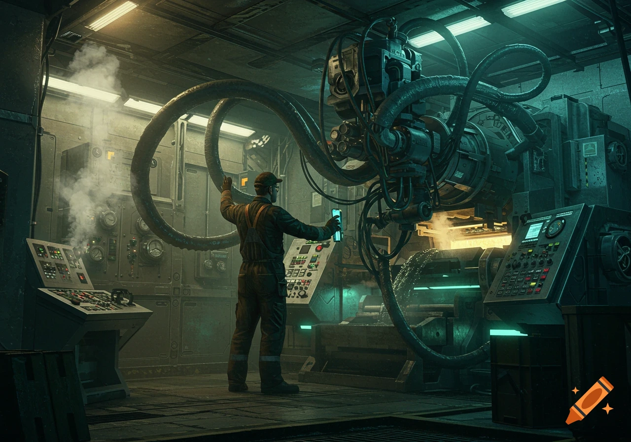 A worker in a dark, futuristic factory operates complex, octopus-like machinery with many tubes and glowing screens.