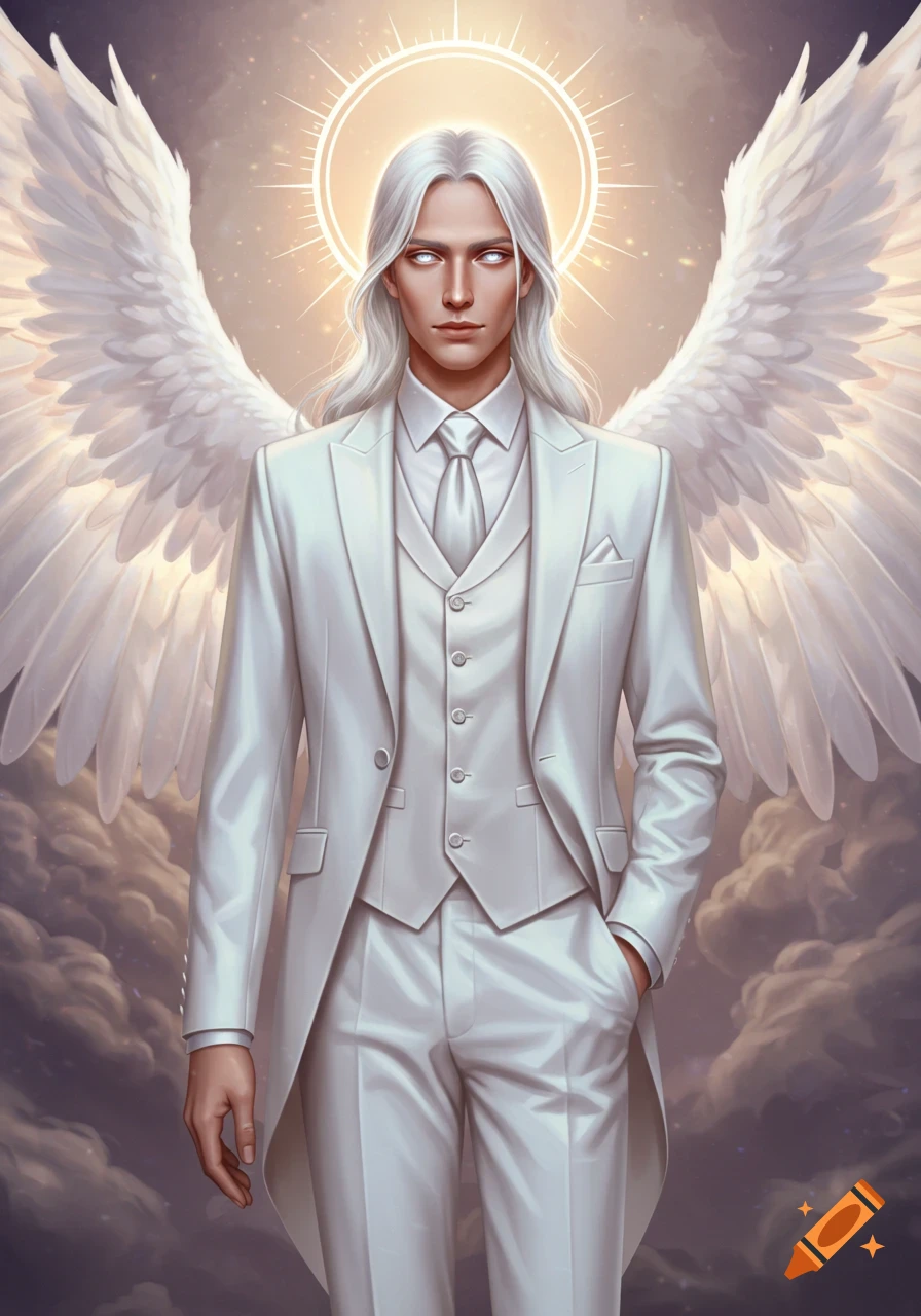 Digital painting of an angelic man with silver hair, a halo, and large white wings, wearing a white three-piece suit against a cloudy sky.