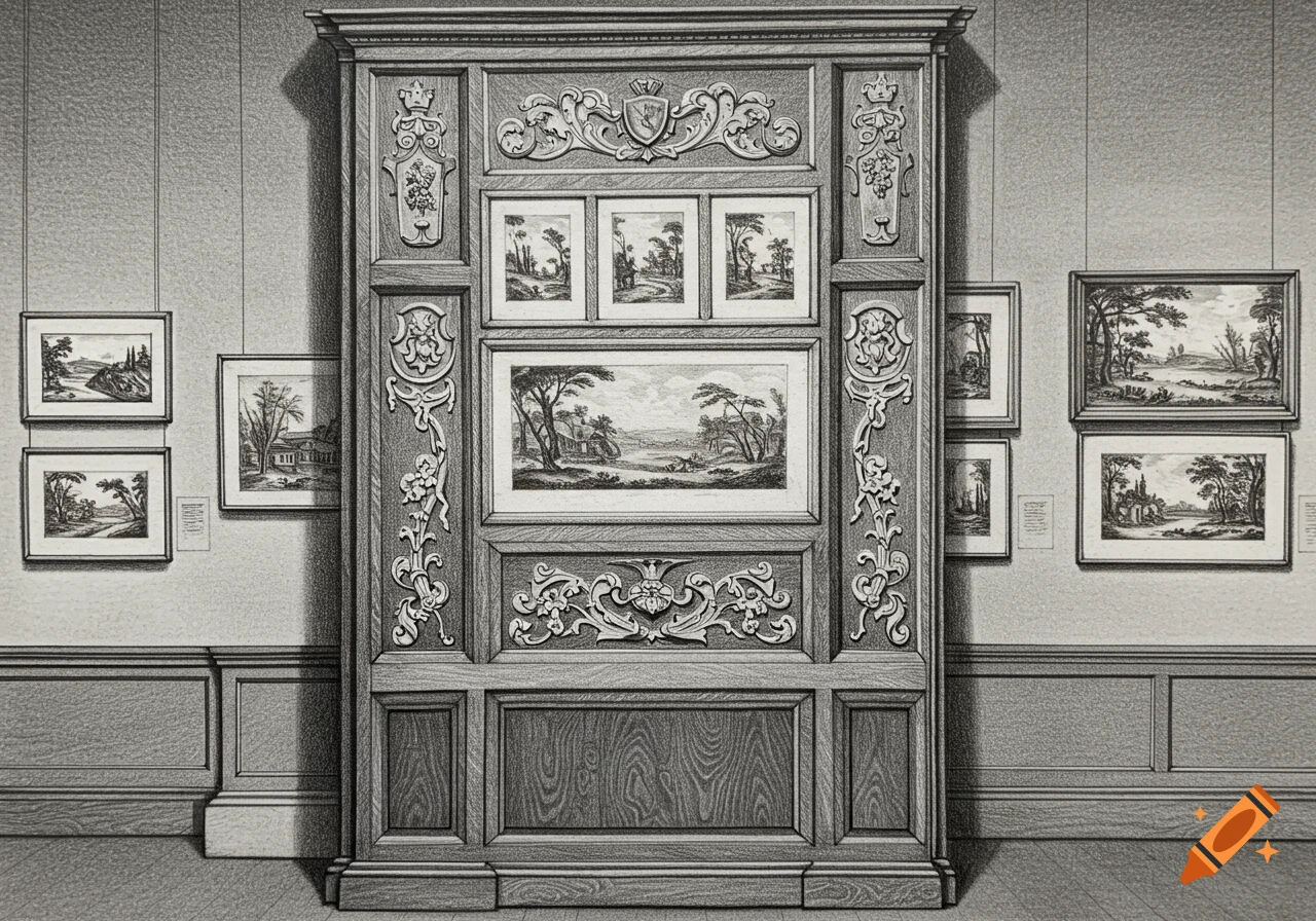 Detailed pencil drawing of an ornate wooden panel acting as a display for framed landscape drawings in a gallery setting.