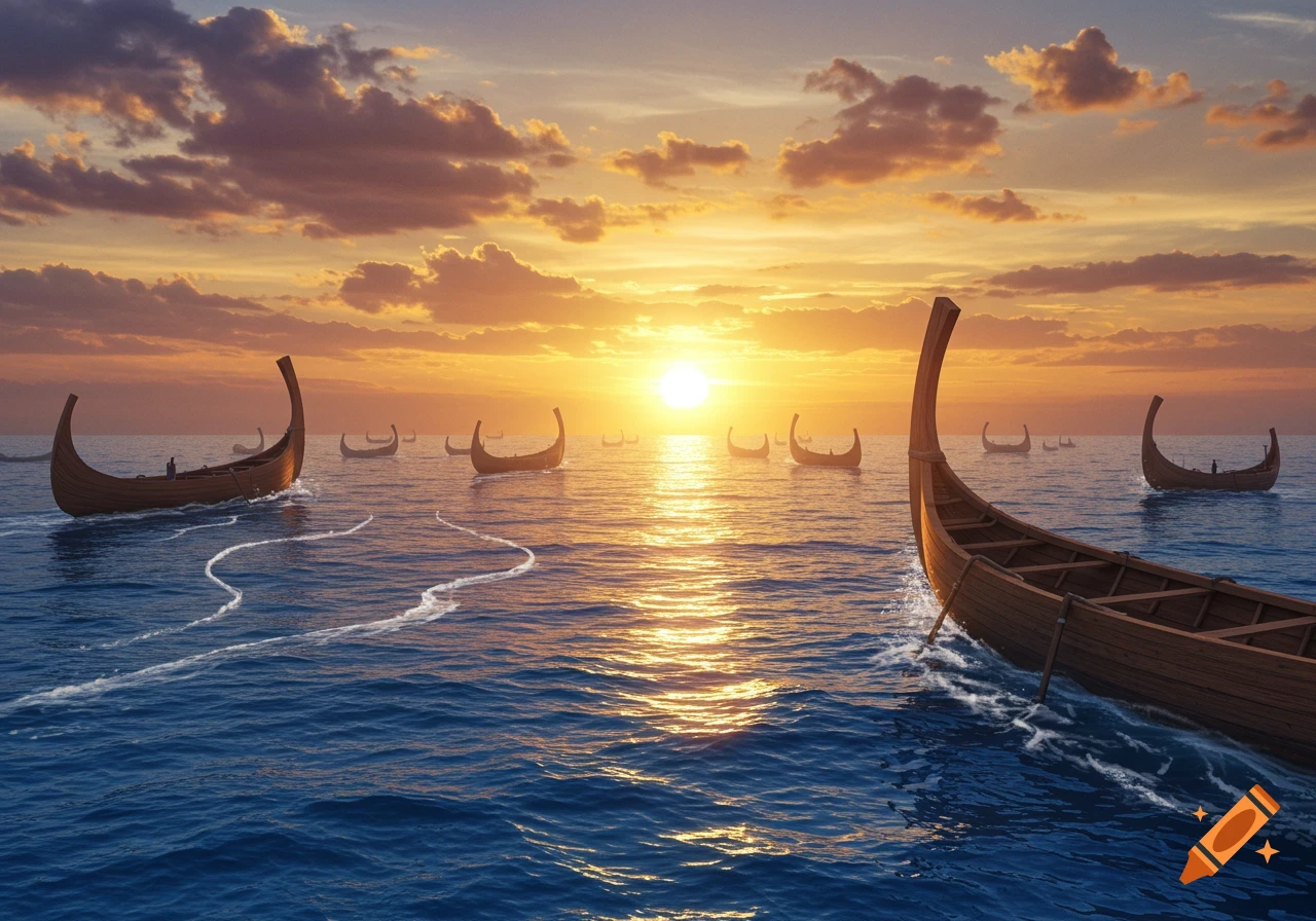 A fleet of traditional wooden boats with high bows and sterns sails on a calm sea at sunset, under a golden and purple sky.