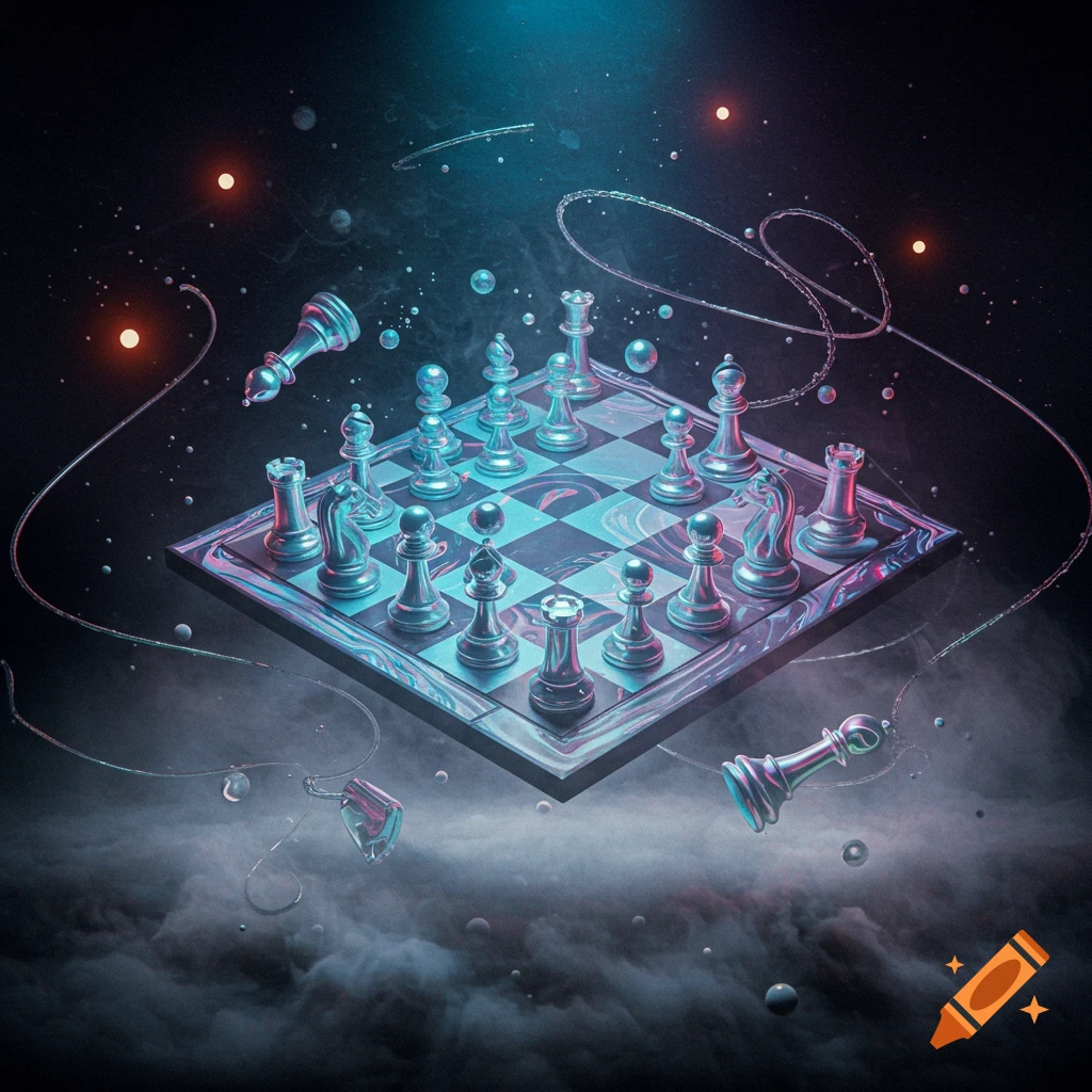 A futuristic chess set with glowing blue and pink metallic pieces floating on a board amidst mist and orange stars in space.