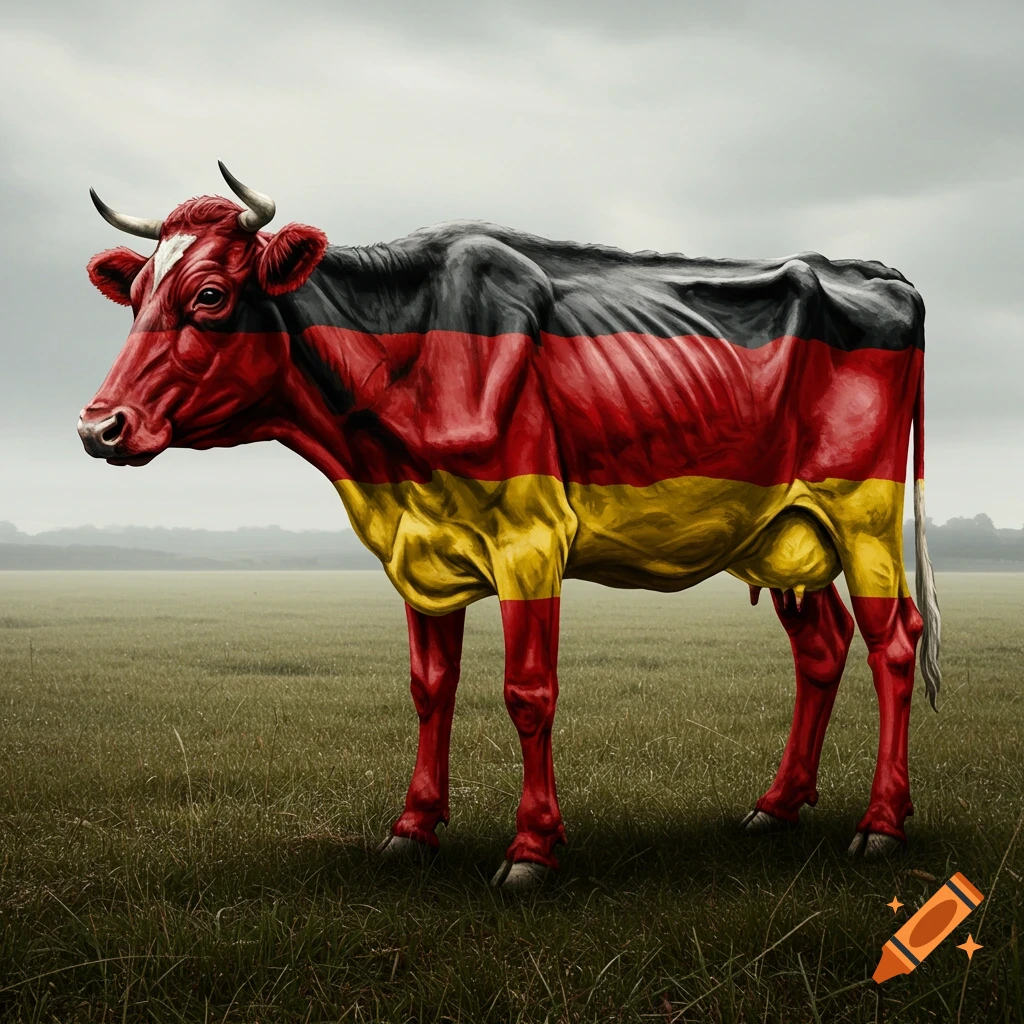 A photorealistic emaciated cow painted with the German flag colors stands in a grassy field.