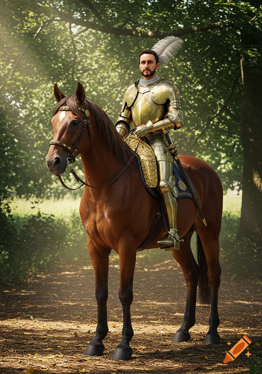 Photorealistic image of a knight in golden armor riding a brown horse on a sunlit forest path.