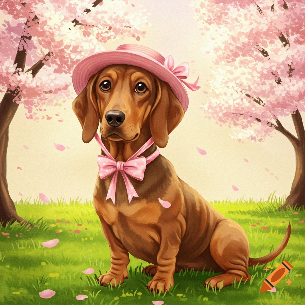 A cute dachshund dog wearing a pink hat and bow tie sits in a grassy field with pink cherry blossom trees and falling petals.
