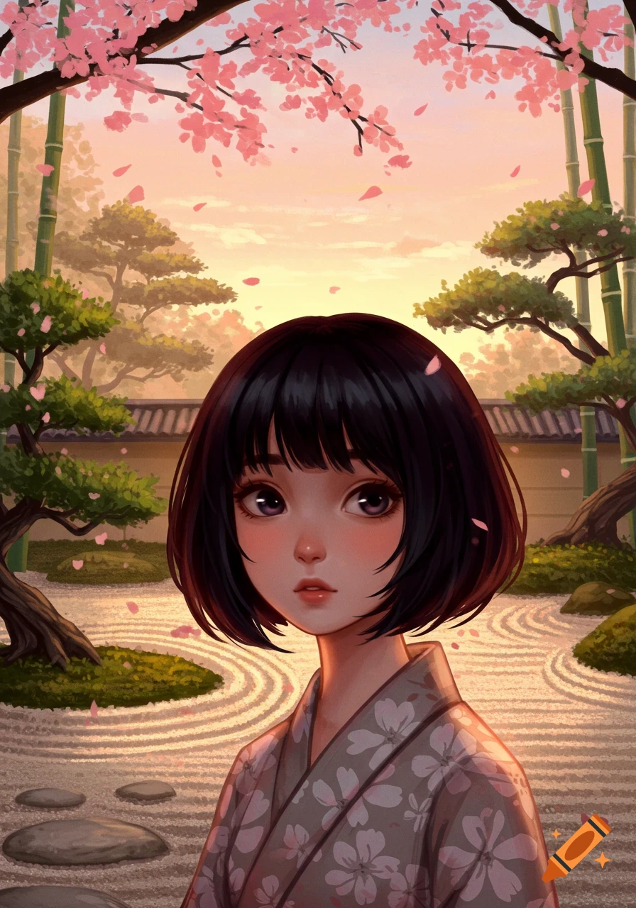 An illustrated anime girl with short black hair wearing a kimono, standing in a Japanese garden with falling pink cherry blossoms.