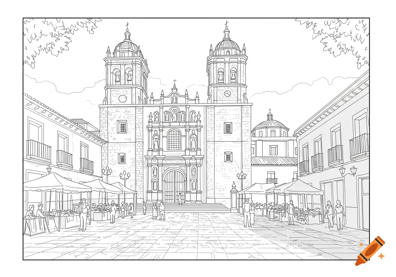 Black and white line art of a historic town square featuring a grand church, market stalls, and people.
