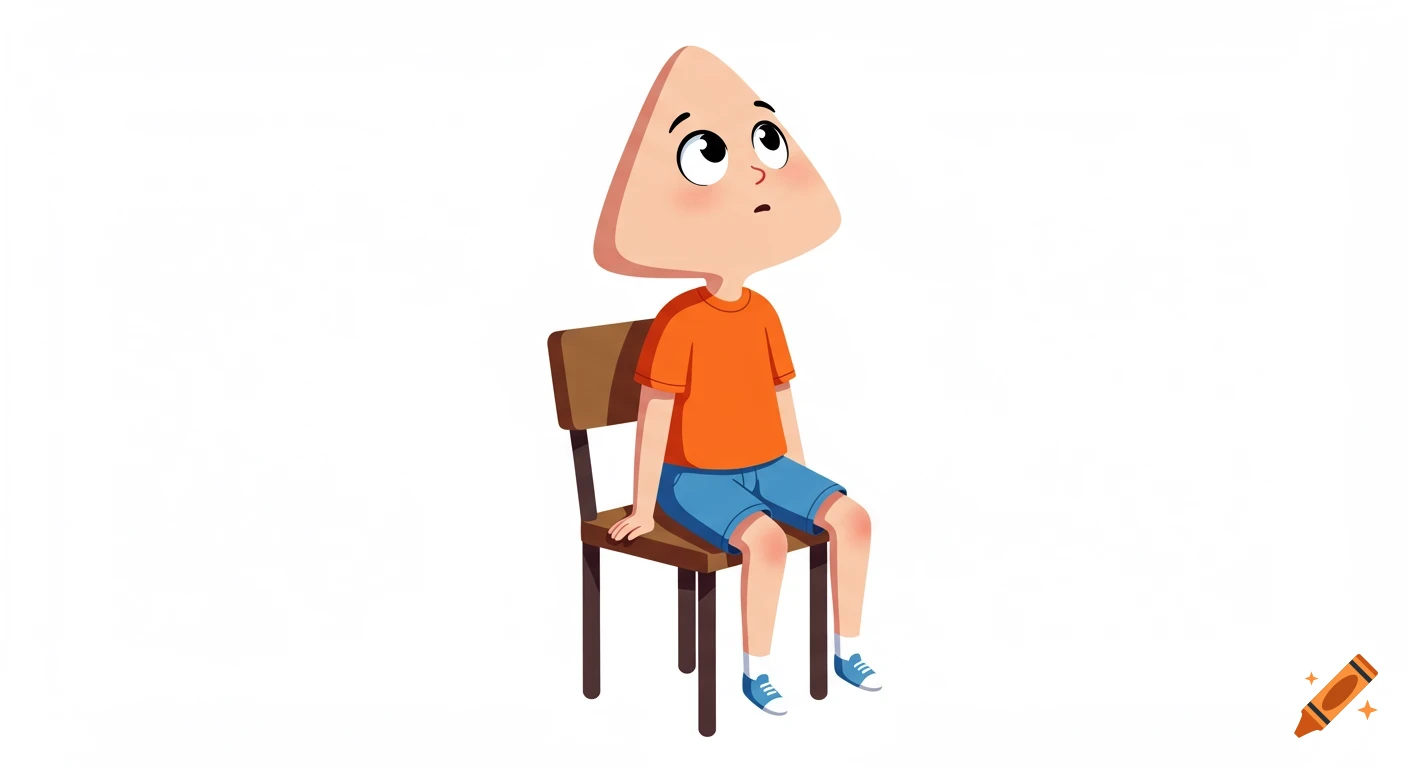 2D cartoon illustration of a triangular-headed character in an orange shirt and blue shorts, sitting on a chair and looking up with wonder.