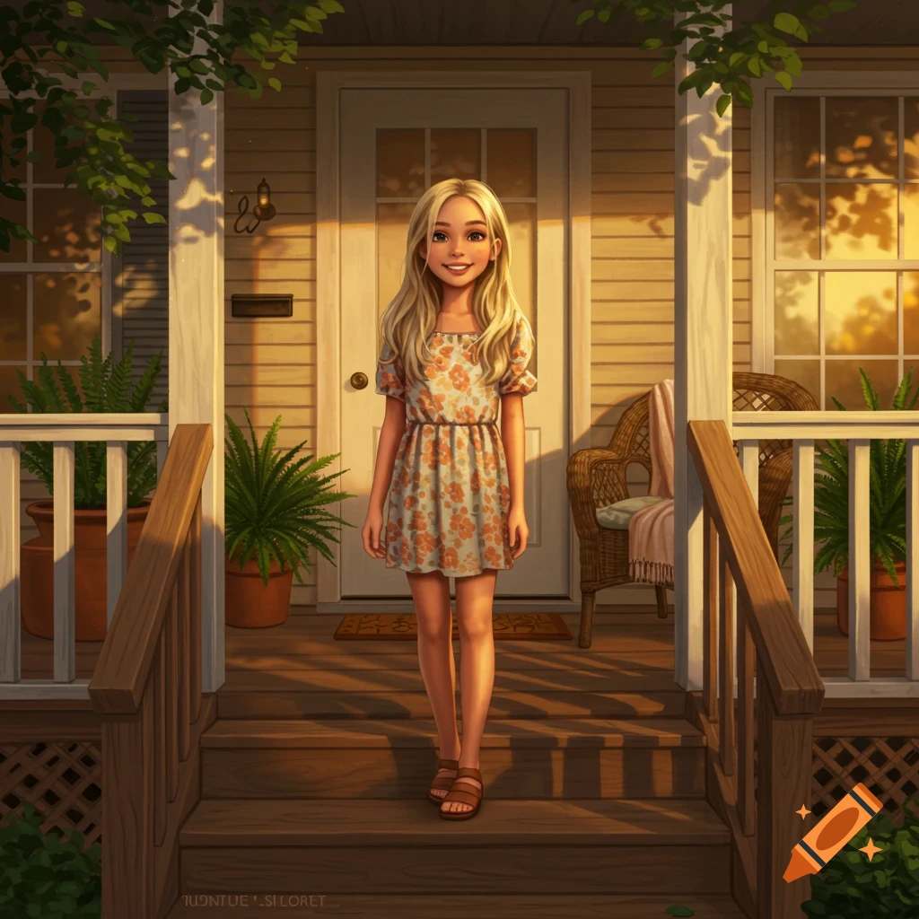 A smiling blonde girl in a floral dress stands on a wooden porch, bathed in warm sunlight.