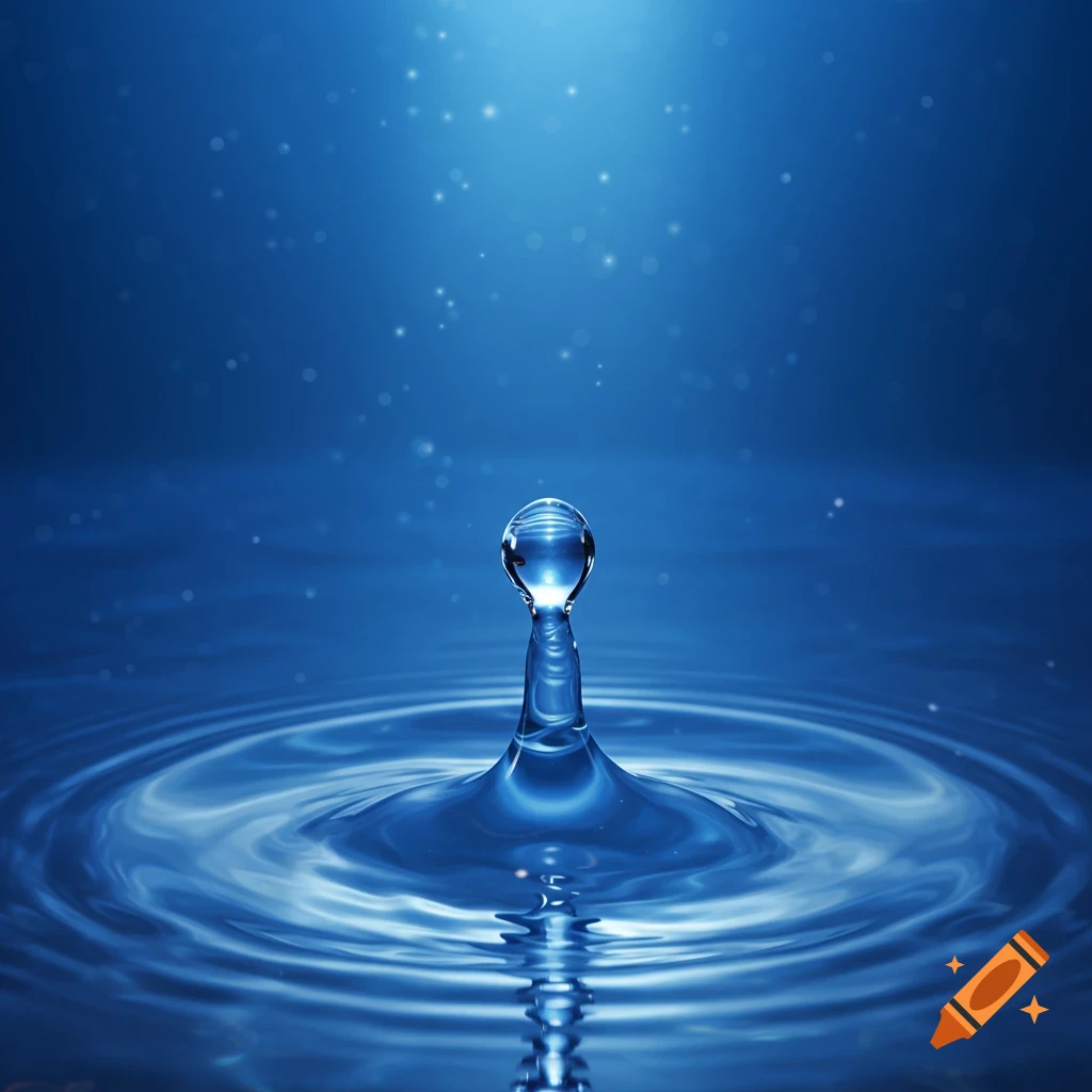 A close-up of a single water drop splashing into a calm body of water, creating ripples against a sparkling blue background.
