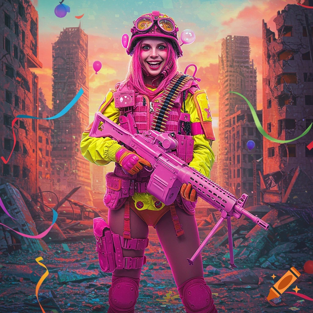 Photorealistic image of a woman in vibrant pink military gear holding a machine gun, smiling in a colorful, dystopian city with confetti.